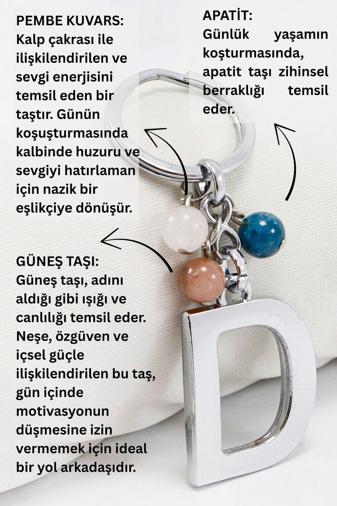 Gümüş Renkli D Harfi Anahtarlık / Hediyelik Çanta Süsü Doğal Taşlar;Apatit, Pembe Kuvars, Güneş Taşı
