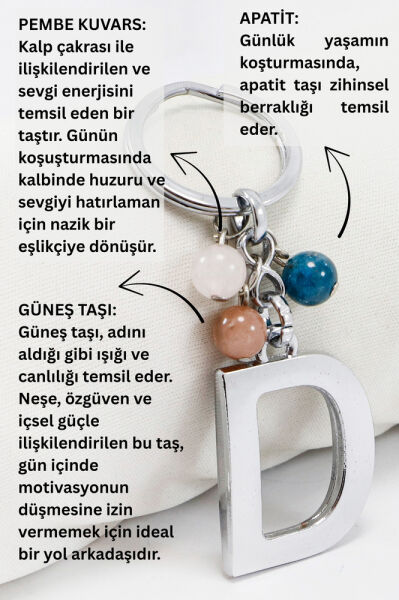 Gümüş Renkli D Harfi Anahtarlık / Hediyelik Çanta Süsü Doğal Taşlar;Apatit, Pembe Kuvars, Güneş Taşı