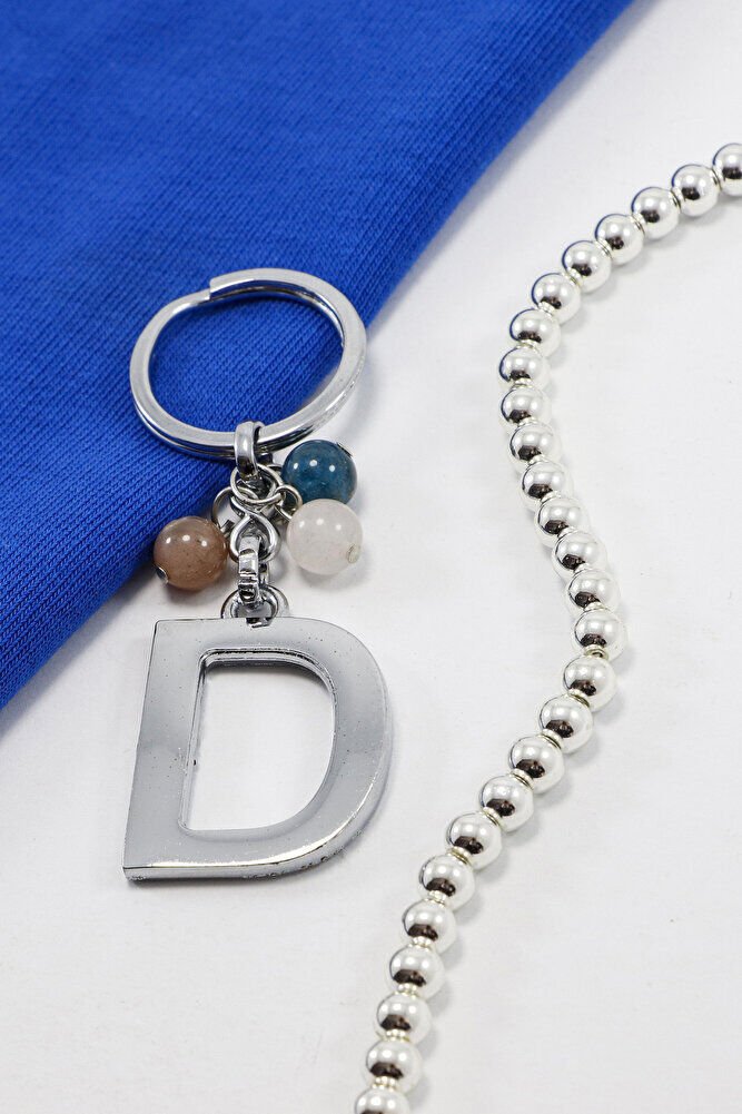 Gümüş Renkli D Harfi Anahtarlık / Hediyelik Çanta Süsü Doğal Taşlar;Apatit, Pembe Kuvars, Güneş Taşı