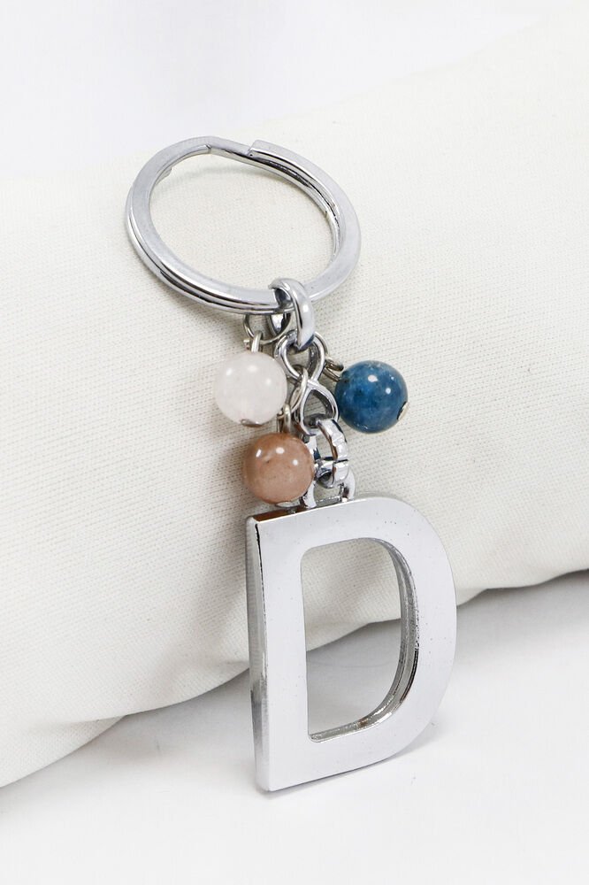 Gümüş Renkli D Harfi Anahtarlık / Hediyelik Çanta Süsü Doğal Taşlar;Apatit, Pembe Kuvars, Güneş Taşı