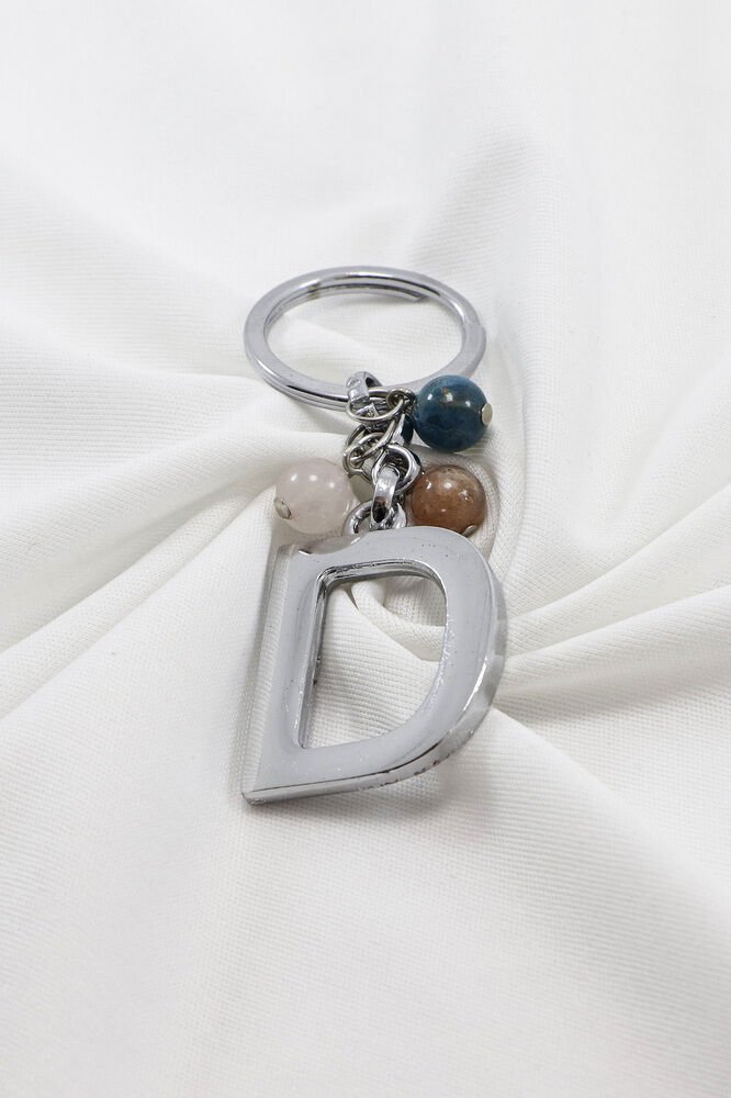 Gümüş Renkli D Harfi Anahtarlık / Hediyelik Çanta Süsü Doğal Taşlar;Apatit, Pembe Kuvars, Güneş Taşı