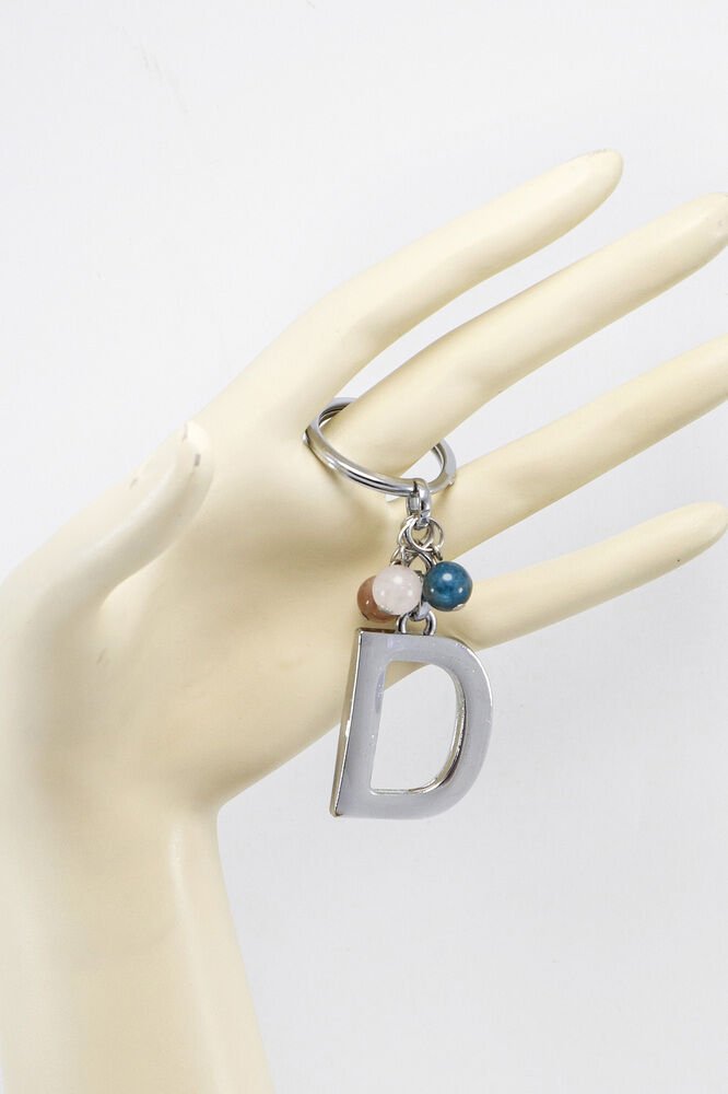Gümüş Renkli D Harfi Anahtarlık / Hediyelik Çanta Süsü Doğal Taşlar;Apatit, Pembe Kuvars, Güneş Taşı