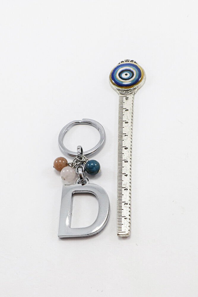 Gümüş Renkli D Harfi Anahtarlık / Hediyelik Çanta Süsü Doğal Taşlar;Apatit, Pembe Kuvars, Güneş Taşı