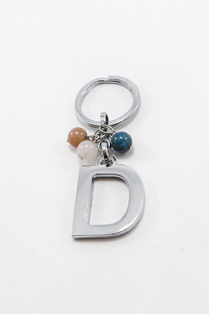 Gümüş Renkli D Harfi Anahtarlık / Hediyelik Çanta Süsü Doğal Taşlar;Apatit, Pembe Kuvars, Güneş Taşı