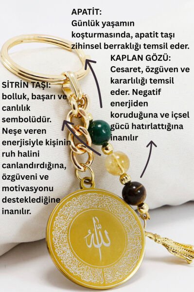 Çelik Çift Taraflı Ayetel Kürsi Hat Nazar Ayeti Anahtarlık Doğal Taşlar; Apatit, Sitrin,Kaplan Gözü