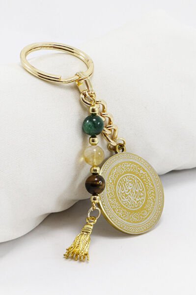 Çelik Çift Taraflı Ayetel Kürsi Hat Nazar Ayeti Anahtarlık Doğal Taşlar; Apatit, Sitrin,Kaplan Gözü