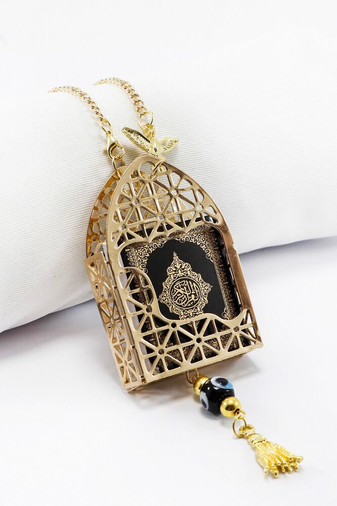 Gold Renkli Korunaklı Kılıf Siyah Yaldızlı Mini Kur'an Dikiz Ayna Süsü, Salkım Nazar Boncuklu
