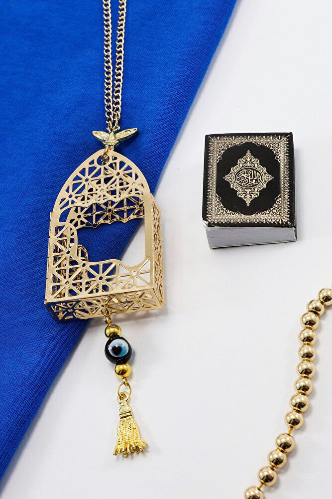 Gold Renkli Korunaklı Kılıf Siyah Yaldızlı Mini Kur'an Dikiz Ayna Süsü, Salkım Nazar Boncuklu