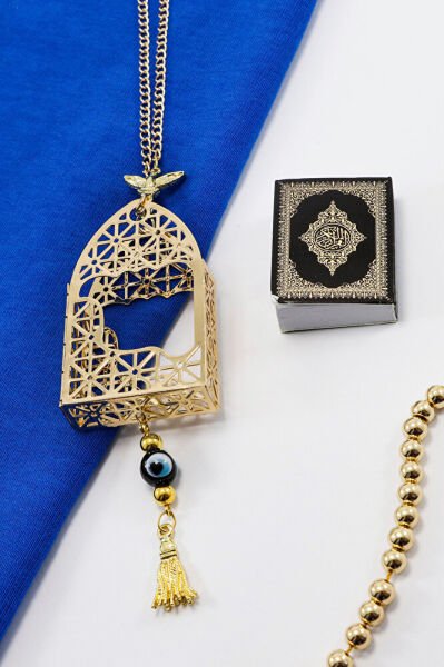 Gold Renkli Korunaklı Kılıf Siyah Yaldızlı Mini Kur'an Dikiz Ayna Süsü, Salkım Nazar Boncuklu