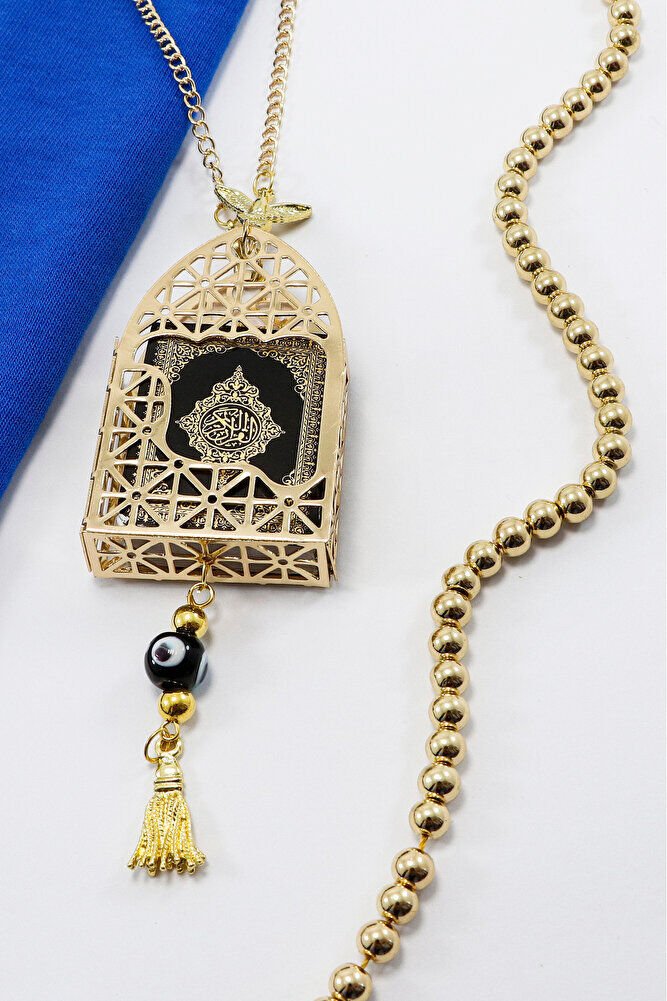 Gold Renkli Korunaklı Kılıf Siyah Yaldızlı Mini Kur'an Dikiz Ayna Süsü, Salkım Nazar Boncuklu
