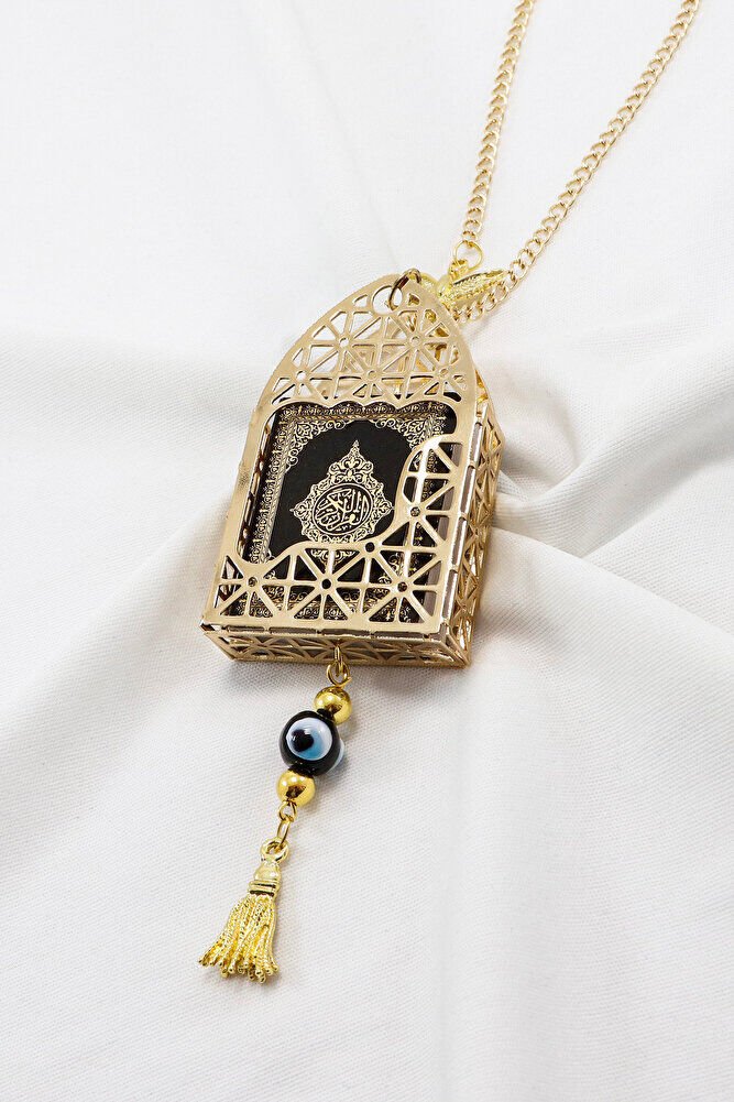 Gold Renkli Korunaklı Kılıf Siyah Yaldızlı Mini Kur'an Dikiz Ayna Süsü, Salkım Nazar Boncuklu