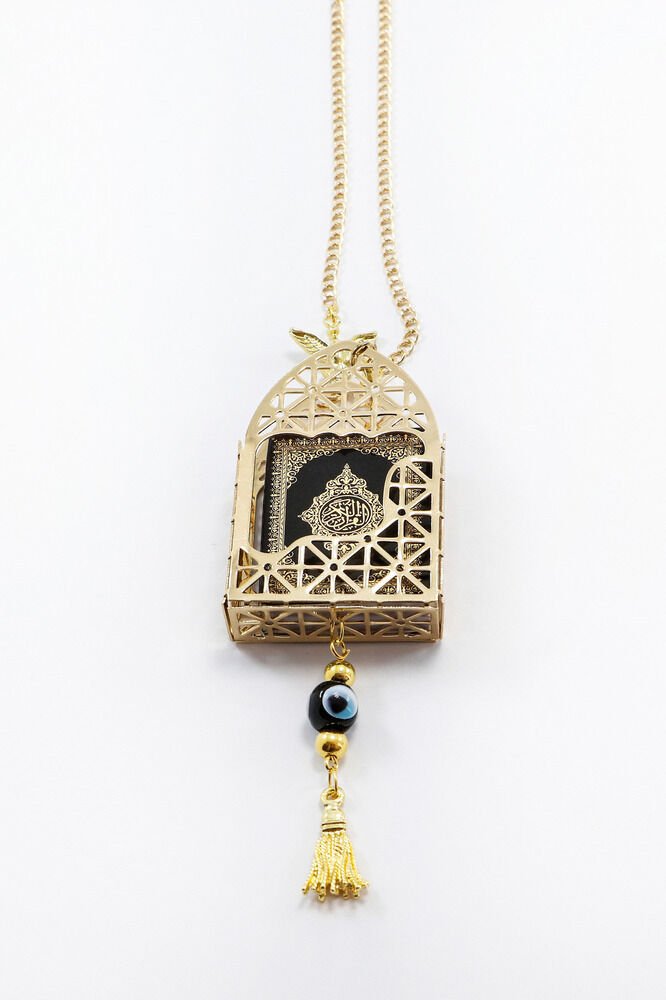 Gold Renkli Korunaklı Kılıf Siyah Yaldızlı Mini Kur'an Dikiz Ayna Süsü, Salkım Nazar Boncuklu