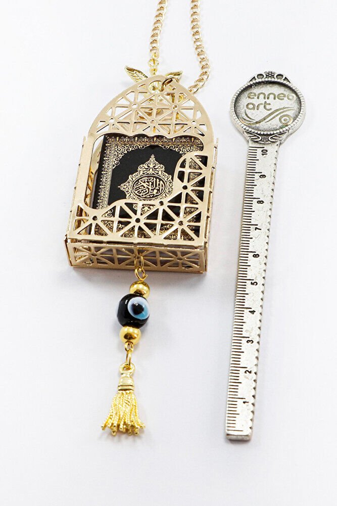 Gold Renkli Korunaklı Kılıf Siyah Yaldızlı Mini Kur'an Dikiz Ayna Süsü, Salkım Nazar Boncuklu