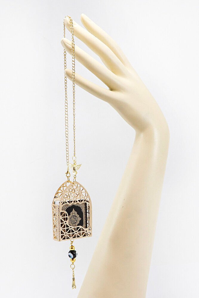 Gold Renkli Korunaklı Kılıf Siyah Yaldızlı Mini Kur'an Dikiz Ayna Süsü, Salkım Nazar Boncuklu