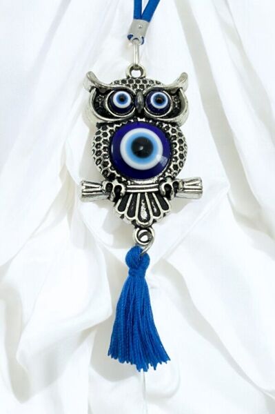 El Yapımı Lacivert Cam Nazar Boncuğu Metal Baykuş Dikiz Ayna Süsü / Hediyelik Aksesuar