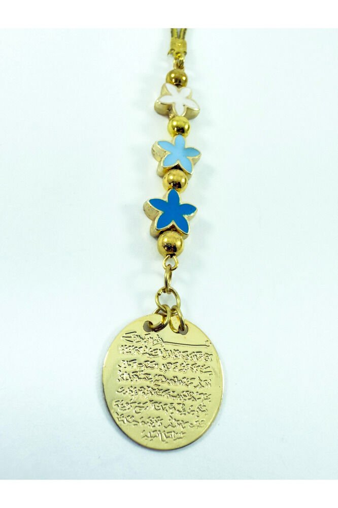 Mavi Yıldız boncuklu Metal Ayetel Kürsi Araba Dikiz Ayna Süsü, Gold Renkli Yeni Araba Hediyesi