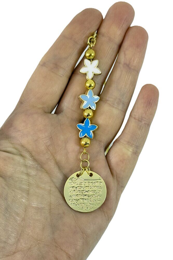 Mavi Yıldız boncuklu Metal Ayetel Kürsi Araba Dikiz Ayna Süsü, Gold Renkli Yeni Araba Hediyesi