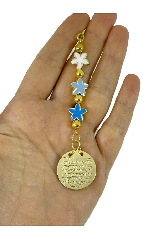 Mavi Yıldız boncuklu Metal Ayetel Kürsi Araba Dikiz Ayna Süsü, Gold Renkli Yeni Araba Hediyesi