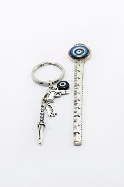 Erkek Anahtarlığı Siyah Cam Nazar Boncuğu ile Metal Anahtarlık, Hediyelik Çanta Süsü
