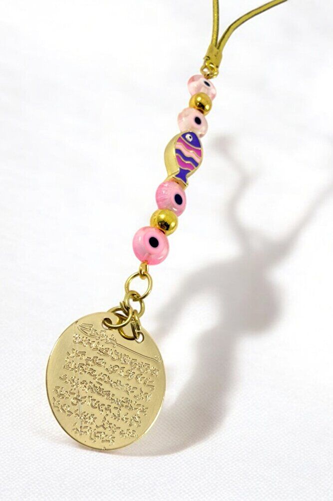 Pembe CamNazar Boncuğu Metal Balık Ayetel Kürsi Araba Dikiz Ayna Süsü, Gold Renkli