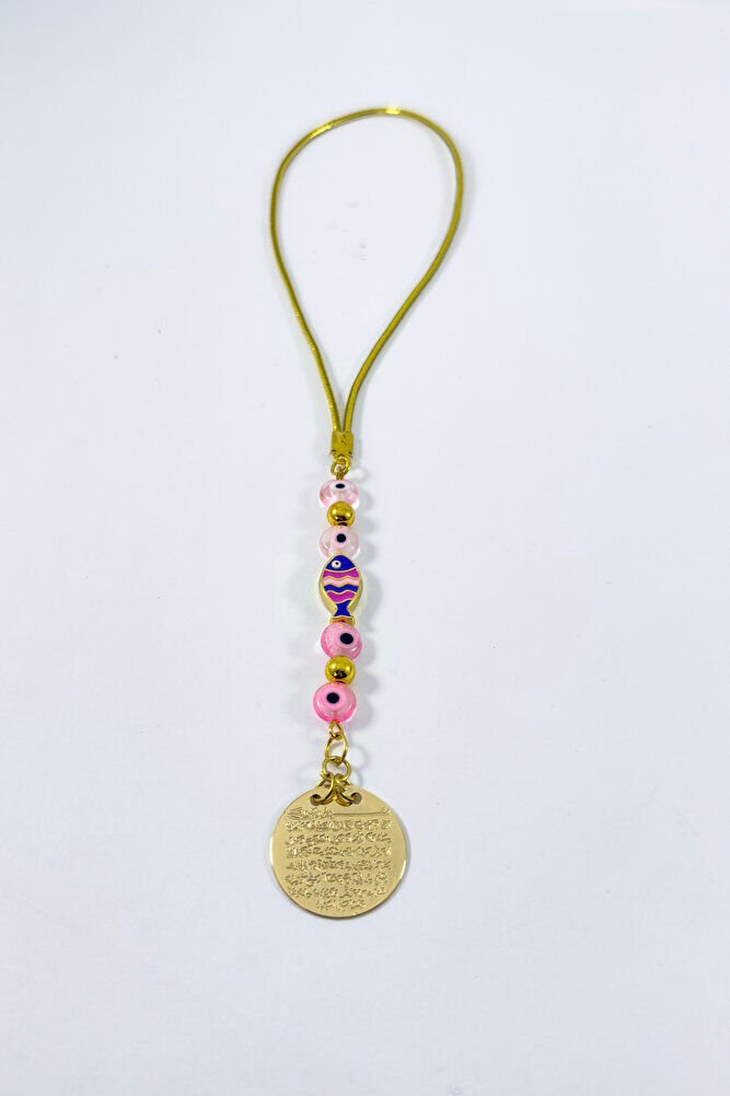 Pembe CamNazar Boncuğu Metal Balık Ayetel Kürsi Araba Dikiz Ayna Süsü, Gold Renkli