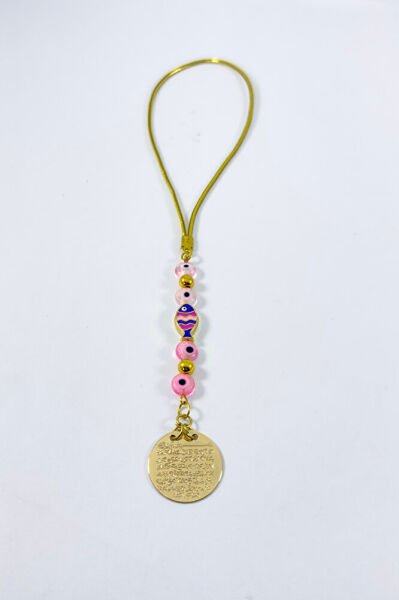 Pembe CamNazar Boncuğu Metal Balık Ayetel Kürsi Araba Dikiz Ayna Süsü, Gold Renkli