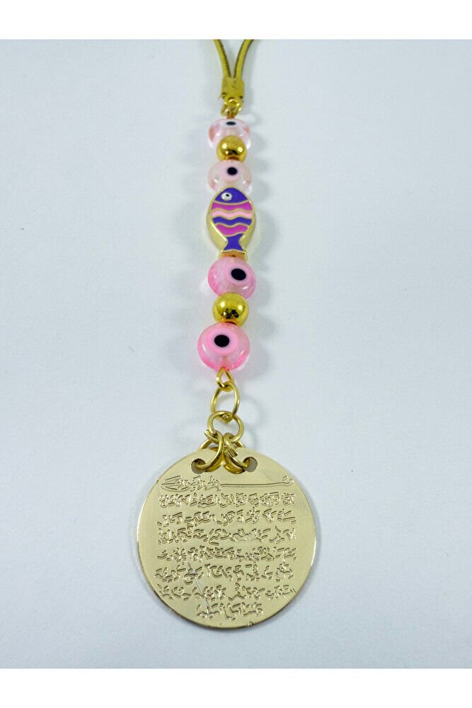 Pembe CamNazar Boncuğu Metal Balık Ayetel Kürsi Araba Dikiz Ayna Süsü, Gold Renkli