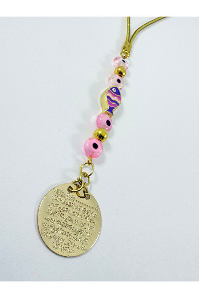 Pembe CamNazar Boncuğu Metal Balık Ayetel Kürsi Araba Dikiz Ayna Süsü, Gold Renkli