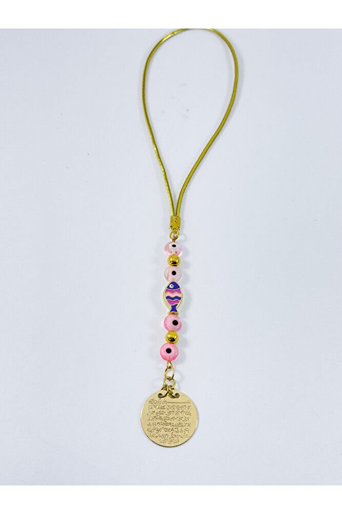 Pembe CamNazar Boncuğu Metal Balık Ayetel Kürsi Araba Dikiz Ayna Süsü, Gold Renkli