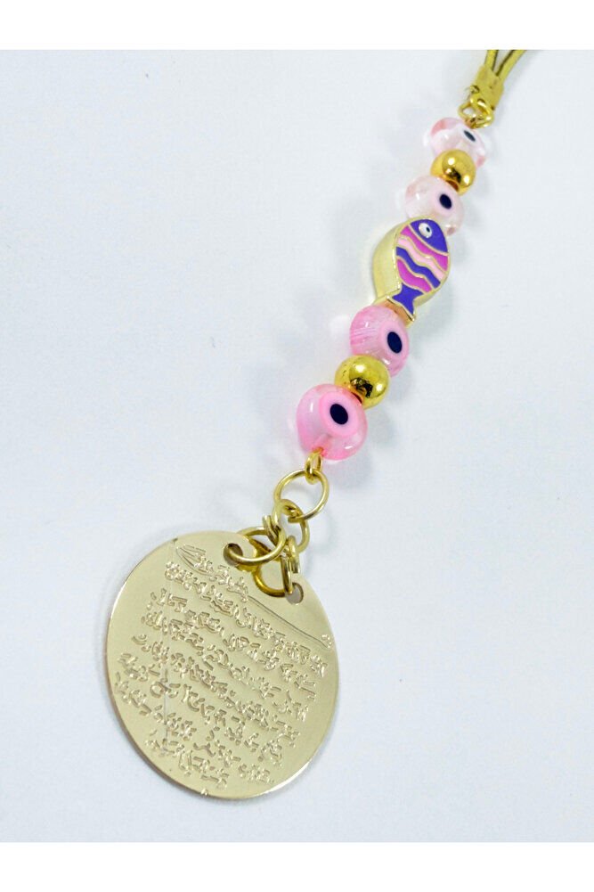 Pembe CamNazar Boncuğu Metal Balık Ayetel Kürsi Araba Dikiz Ayna Süsü, Gold Renkli