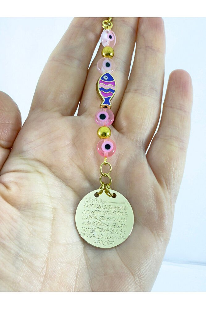 Pembe CamNazar Boncuğu Metal Balık Ayetel Kürsi Araba Dikiz Ayna Süsü, Gold Renkli