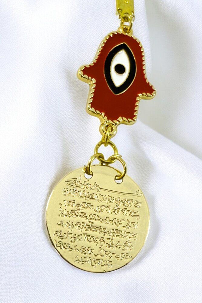 Kırmızı Metal Hamse Fatma Ana Eli Metal Ayetel Kürsi Araba Dikiz Ayna Süsü, Gold Renkli