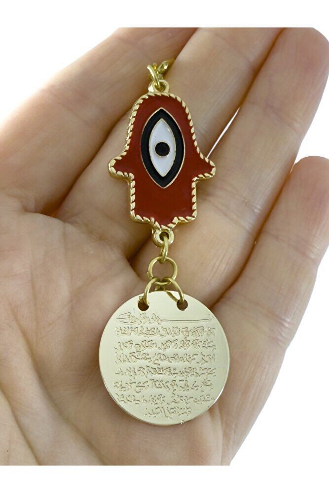 Kırmızı Metal Hamse Fatma Ana Eli Metal Ayetel Kürsi Araba Dikiz Ayna Süsü, Gold Renkli