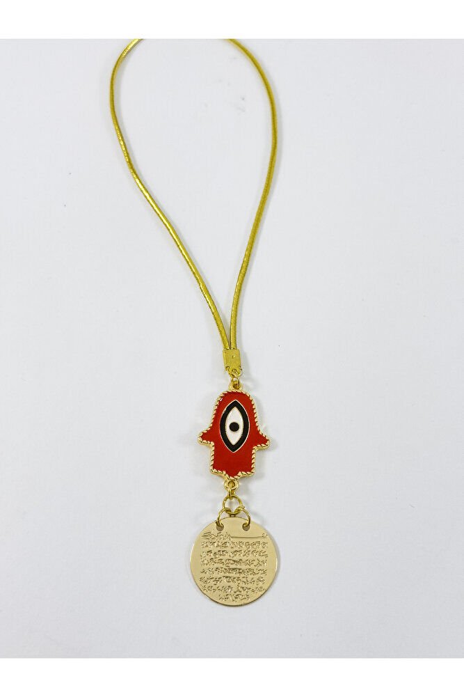 Kırmızı Metal Hamse Fatma Ana Eli Metal Ayetel Kürsi Araba Dikiz Ayna Süsü, Gold Renkli