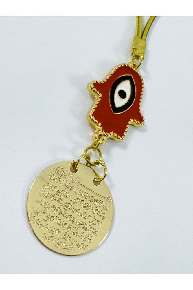 Kırmızı Metal Hamse Fatma Ana Eli Metal Ayetel Kürsi Araba Dikiz Ayna Süsü, Gold Renkli