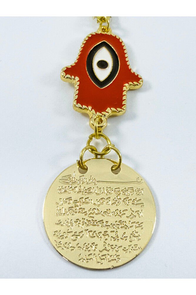 Kırmızı Metal Hamse Fatma Ana Eli Metal Ayetel Kürsi Araba Dikiz Ayna Süsü, Gold Renkli