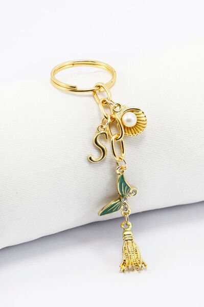 Turkuaz Kelebekli Kişiye Özel Harfli Dikiz Ayna Süsü, Gold Renkli Metal Püsküllü