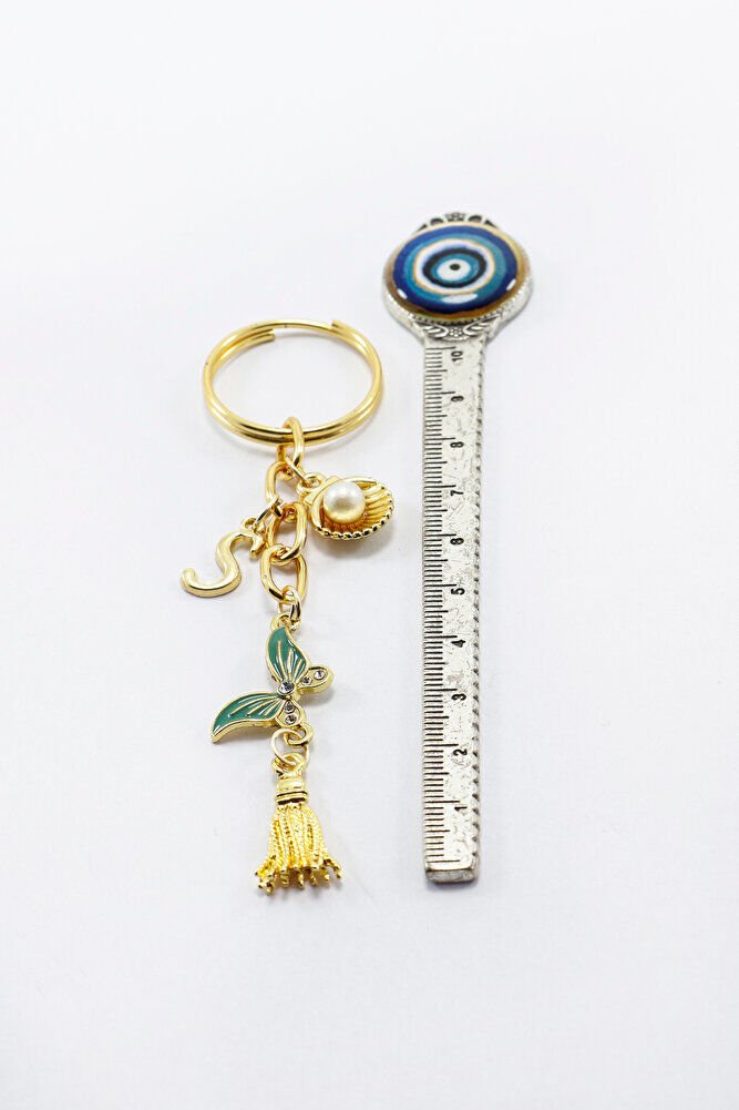 Turkuaz Kelebekli Kişiye Özel Harfli Dikiz Ayna Süsü, Gold Renkli Metal Püsküllü