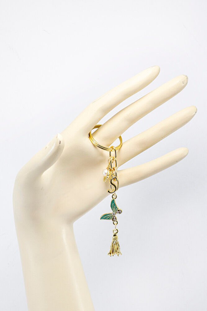 Turkuaz Kelebekli Kişiye Özel Harfli Dikiz Ayna Süsü, Gold Renkli Metal Püsküllü