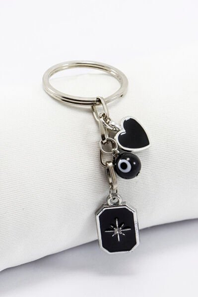 Küçük Siyah Kuzey Yıldızı Kalp Cam Nazar Boncuğu Anahtarlık, Hediyelik Çanta Süsü