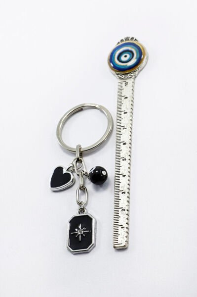 Küçük Siyah Kuzey Yıldızı Kalp Cam Nazar Boncuğu Anahtarlık, Hediyelik Çanta Süsü