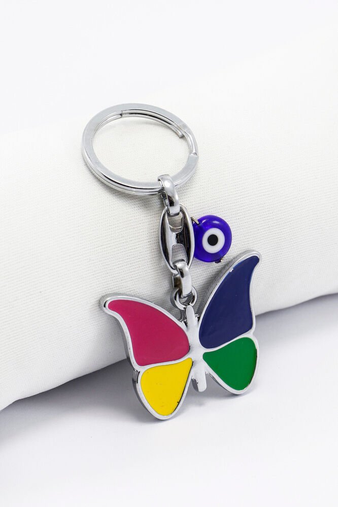 El Yapımı Cam Nazar Boncuğu Metal Renkli Kelebek Anahtarlık, Hediyelik Çanta Süsü