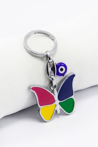 El Yapımı Cam Nazar Boncuğu Metal Renkli Kelebek Anahtarlık, Hediyelik Çanta Süsü