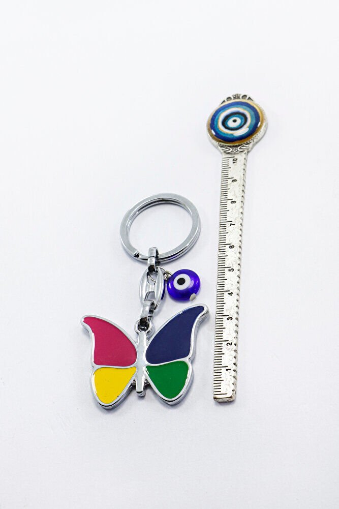 El Yapımı Cam Nazar Boncuğu Metal Renkli Kelebek Anahtarlık, Hediyelik Çanta Süsü