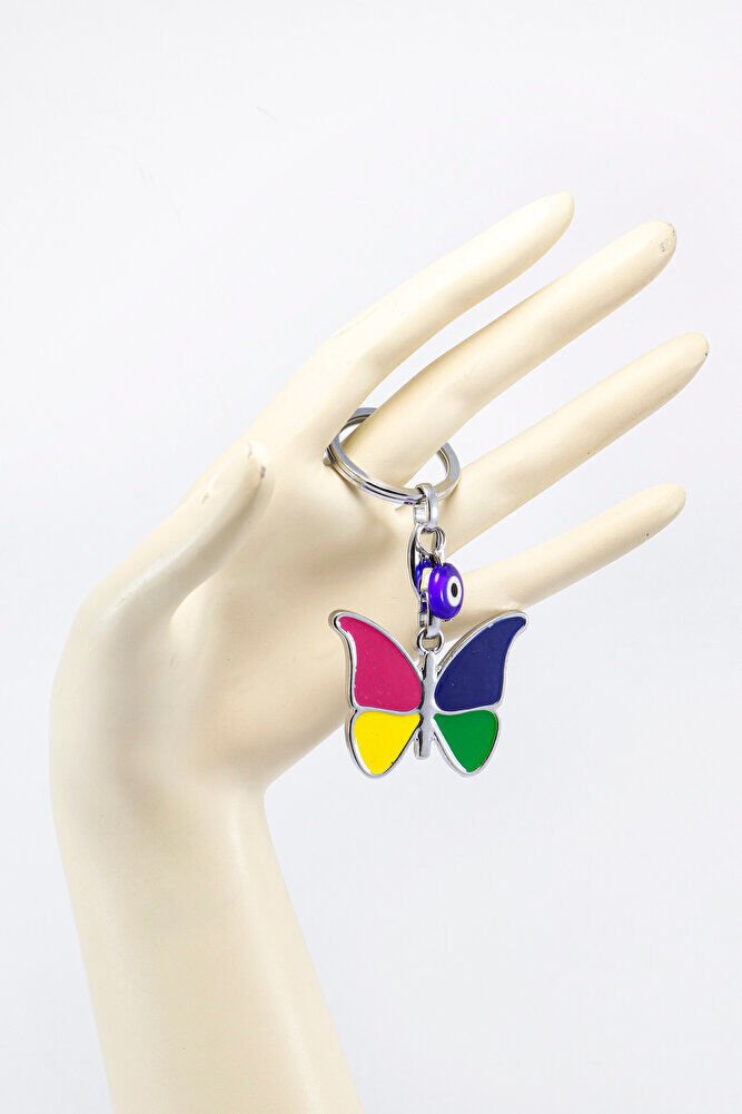 El Yapımı Cam Nazar Boncuğu Metal Renkli Kelebek Anahtarlık, Hediyelik Çanta Süsü