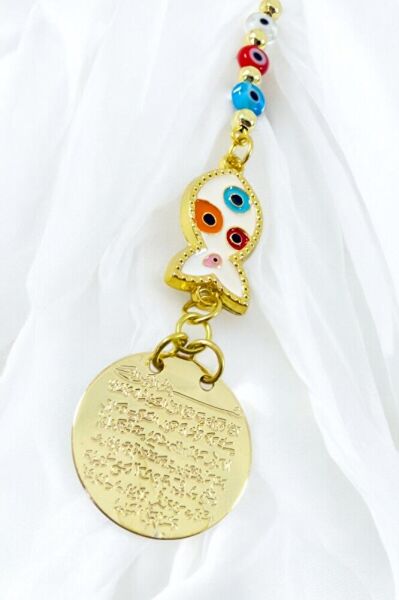 Renkli Metal Balık Ayetel Kürsi Araba Dikiz Ayna Süsü, Cam Turkuaz Nazar Boncuklu Hediyelik