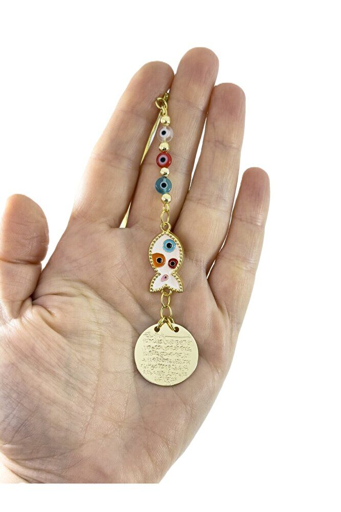 Renkli Metal Balık Ayetel Kürsi Araba Dikiz Ayna Süsü, Cam Turkuaz Nazar Boncuklu Hediyelik