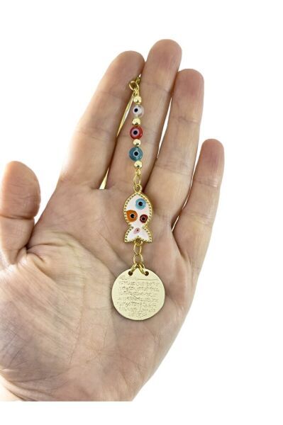 Renkli Metal Balık Ayetel Kürsi Araba Dikiz Ayna Süsü, Cam Turkuaz Nazar Boncuklu Hediyelik