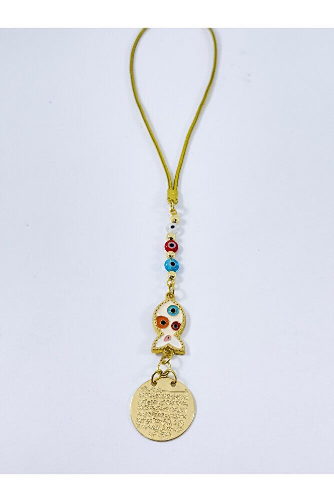 Renkli Metal Balık Ayetel Kürsi Araba Dikiz Ayna Süsü, Cam Turkuaz Nazar Boncuklu Hediyelik