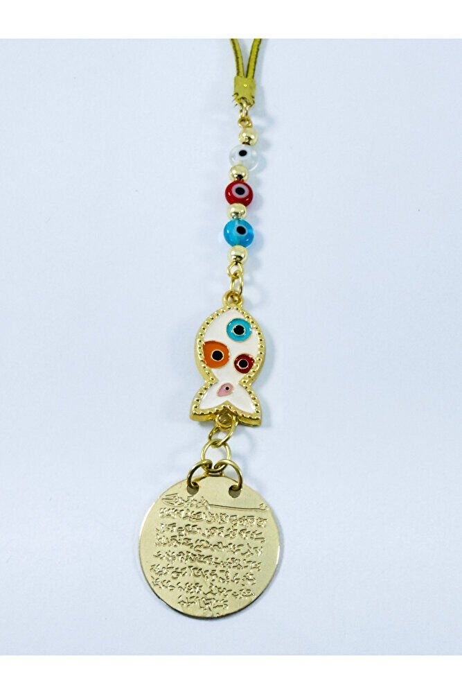 Renkli Metal Balık Ayetel Kürsi Araba Dikiz Ayna Süsü, Cam Turkuaz Nazar Boncuklu Hediyelik